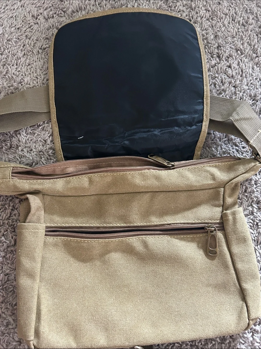 Tan/khaki  Messenger crossbody Bag with Adjustable Strap. Waterproof liner